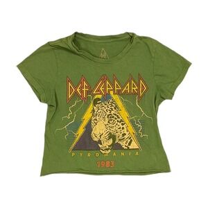 Def Leppard Graphic Tee Womens S Green Excellent Pyromania 1983 Cropped Shirt